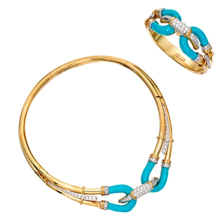 Turquoise Diamond Gold Choker Necklace Bracelet Set For Sale