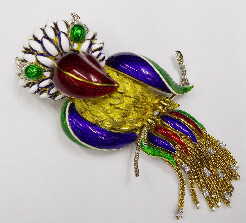 Multicolored Enamel Diamond Gold Bird Pin Brooch