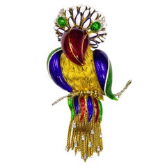 Multicolored Enamel Diamond Gold Bird Pin Brooch