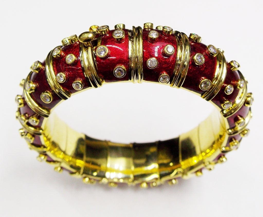 Tiffany & Co. Schlumberger Red Enamel Diamond Gold Bangle Bracelet