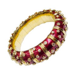 Tiffany & Co. Schlumberger Red Enamel Diamond Gold Bangle Bracelet