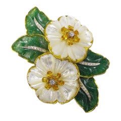 Citrine Aventurine Mother of Pearl Diamond Gold Floral Large Pin Brooch