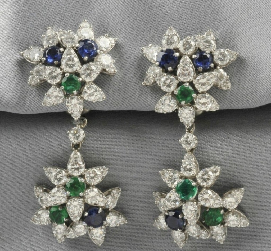 Authentic Tiffany & Co. Platinum Emerald Sapphire and Diamond Flower Day Night Earpendants Earrings. Each set with circular-cut emeralds and sapphires framed by full-cut diamonds, approx. total diamond wt. 10.50 cts., length 1 7/8 in. Signed