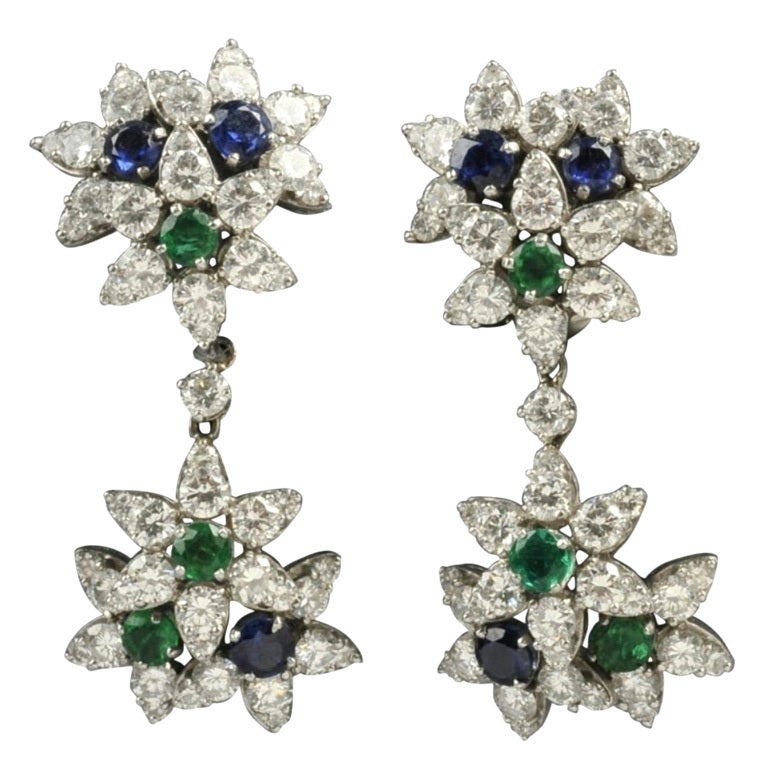 Tiffany & Co Emerald Sapphire Diamond Flower Day Night Earrings For Sale