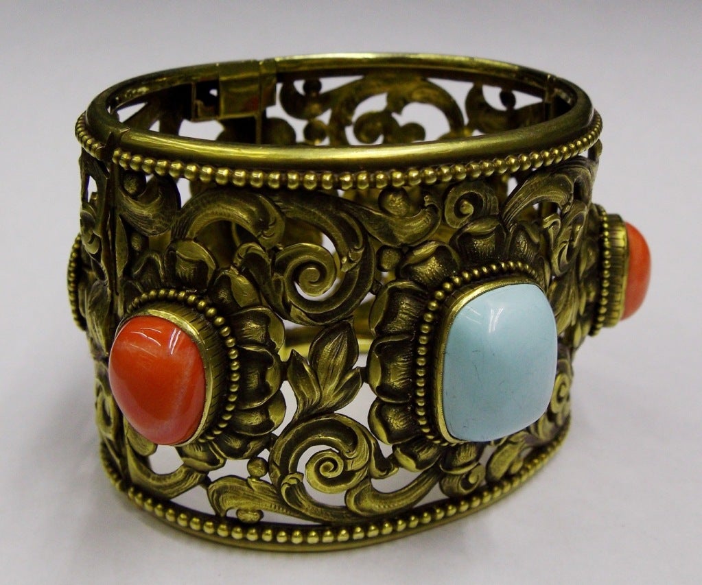 Turquoise Coral Carved Open Design Italian Crest Wide Gold Cuff Bracelet In Excellent Condition For Sale In New York , NY