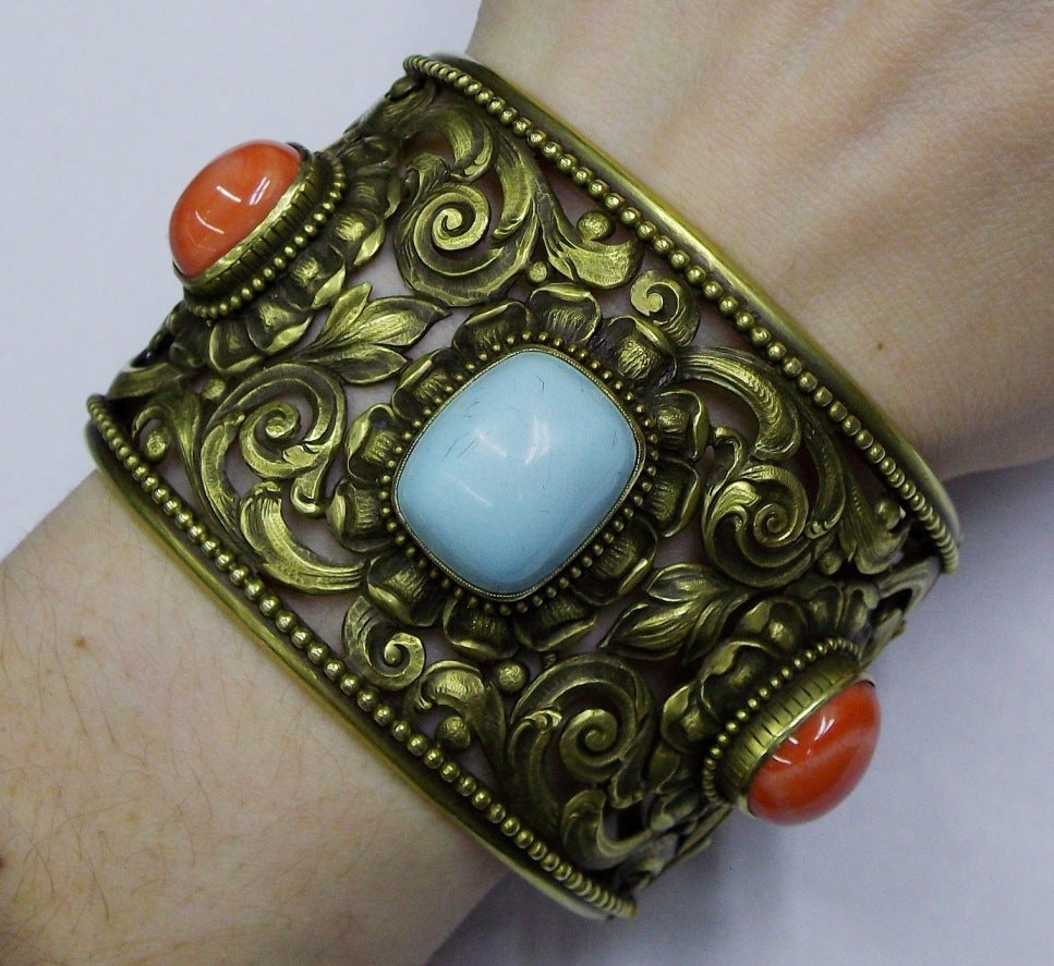 Turquoise Coral Carved Open Design Italian Crest Wide Gold Cuff Bracelet For Sale 4