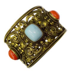 Turquoise Coral Carved Open Design Italian Crest Wide Gold Cuff Bracelet