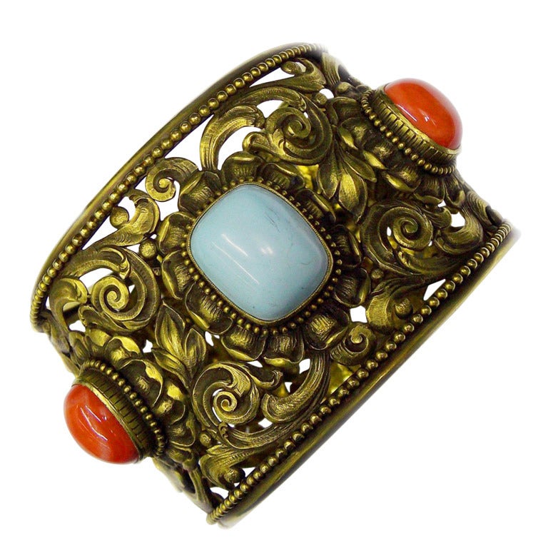 Turquoise Coral Carved Open Design Italian Crest Wide Gold Cuff Bracelet For Sale