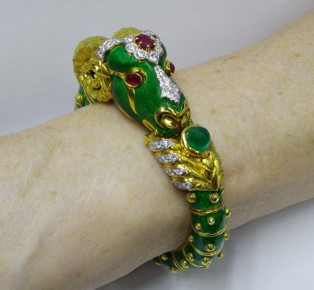Women's David Webb CAPRICORN RAM Diamond Ruby Emerald Enamel Gold Bangle Bracelet For Sale