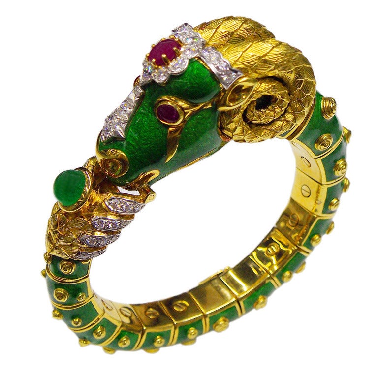 David Webb CAPRICORN RAM Diamond Ruby Emerald Enamel Gold Bangle Bracelet For Sale