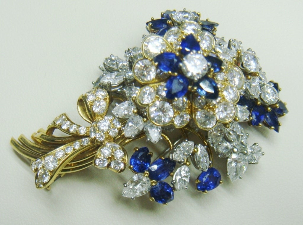 Tiffany & Co. Yellow Gold Sapphire Diamond Flower Brooch 3
