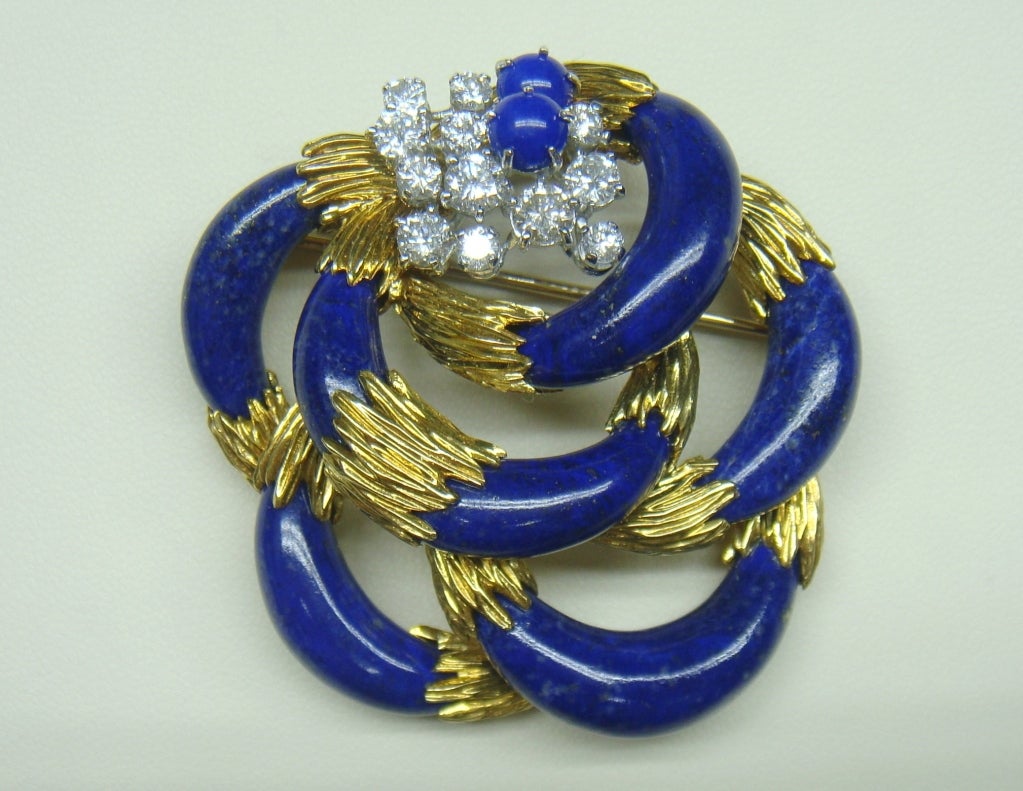 Kutchinsky Yellow Gold Lapis Lazuli Diamond Brooch