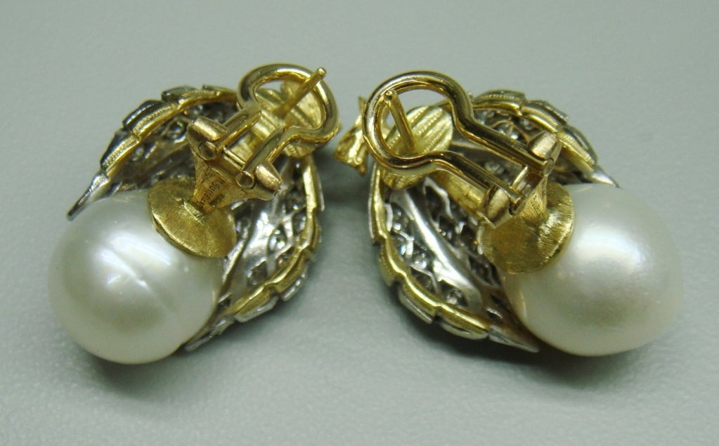 MARIO BUCCELLATI Pearl Diamond Leaf Gold Earclips Earrings 1
