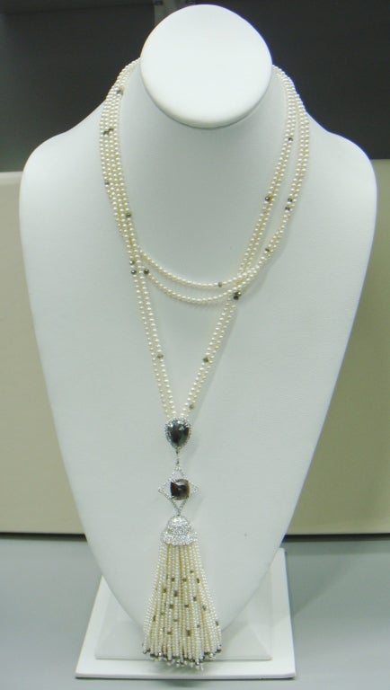 Long Pearl Diamond Roundells Diamond Seed Pearl Tassel Necklace. Necklace length - 40