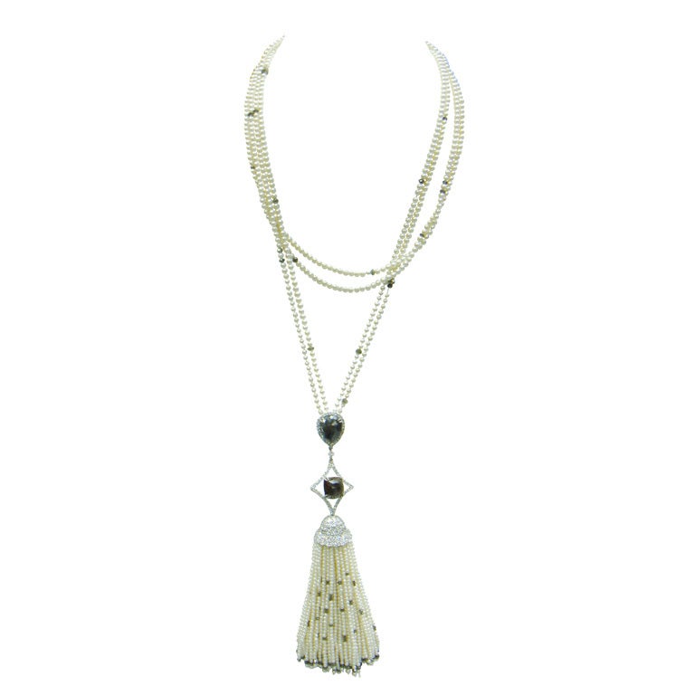 Long Pearl Diamond Roundells Seed Pearl Tassel Necklace For Sale