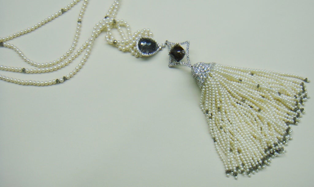 Long Pearl Diamond Roundells Seed Pearl Tassel Necklace In Excellent Condition For Sale In New York , NY