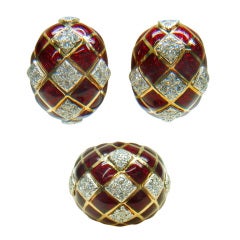 David Webb Gold Platinum Enamel Diamond Dome Ring Earrings