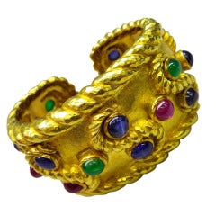 David Webb Yellow Gold Sapphire Emerald Ruby Cuff Bracelet