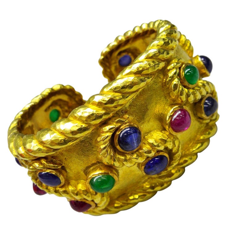David Webb Yellow Gold Sapphire Emerald Ruby Cuff Bracelet For Sale