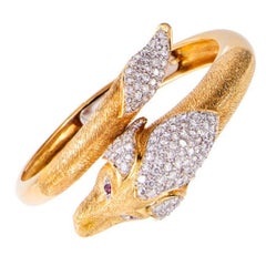 Yellow Gold Diamond Ruby Dog Head Bangle Bracelet Yellow Gold Diamond Ruby Dog Head Bangle Bracelet