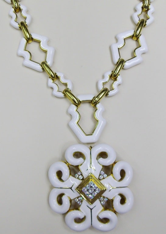 DAVID WEBB Gold White Enamel Diamond Pendant Brooch Bracelet Necklace For Sale 3