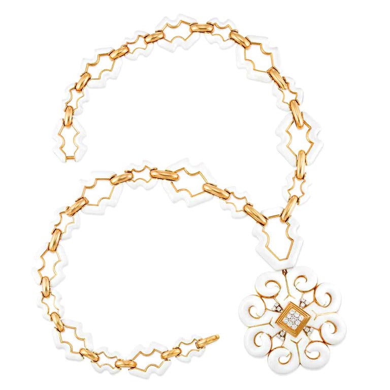 DAVID WEBB Gold White Enamel Diamond Pendant Brooch Bracelet Necklace For Sale