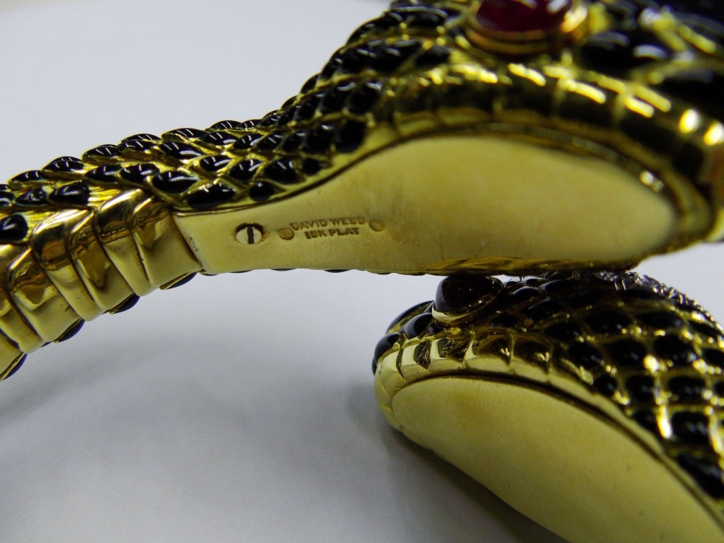 Women's DAVID WEBB Gold Platinum Enamel Diamond Ruby Snake Bangle Bracelet For Sale