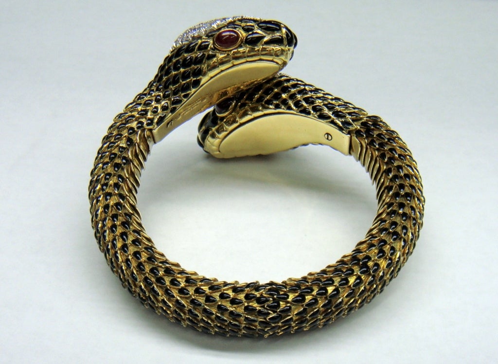 DAVID WEBB Gold Platinum Enamel Diamond Ruby Snake Bangle Bracelet For Sale 1