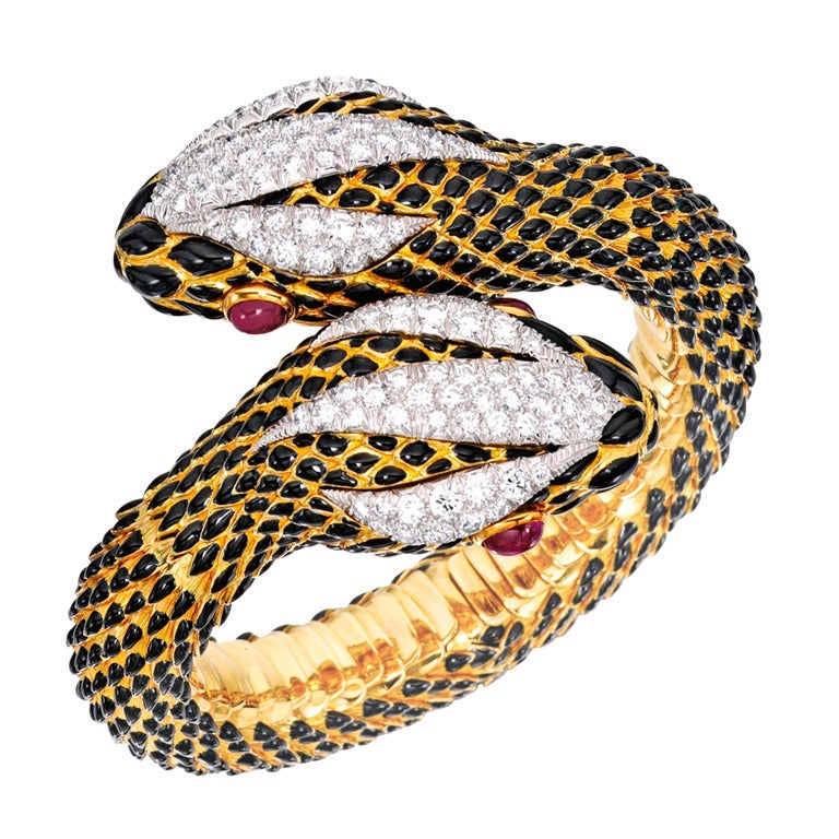 DAVID WEBB Gold Platinum Enamel Diamond Ruby Snake Bangle Bracelet For Sale