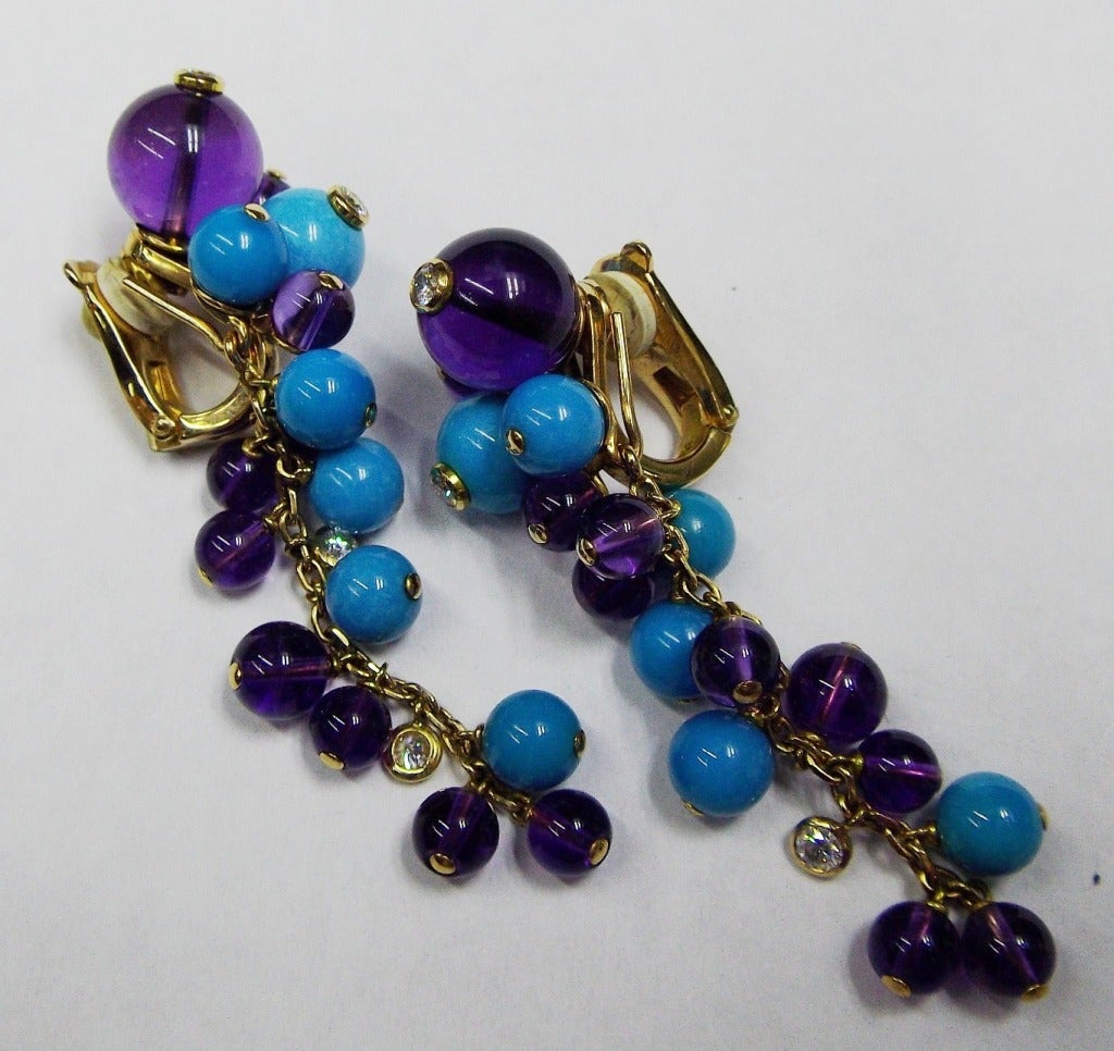 CARTIER Delices De Goa Amethyst Turquoise Diamond Gold Earrings Necklace Set In Excellent Condition For Sale In New York , NY
