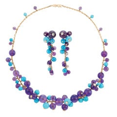 CARTIER Delices De Goa Amethyst Turquoise Diamond Gold Earrings Necklace Set