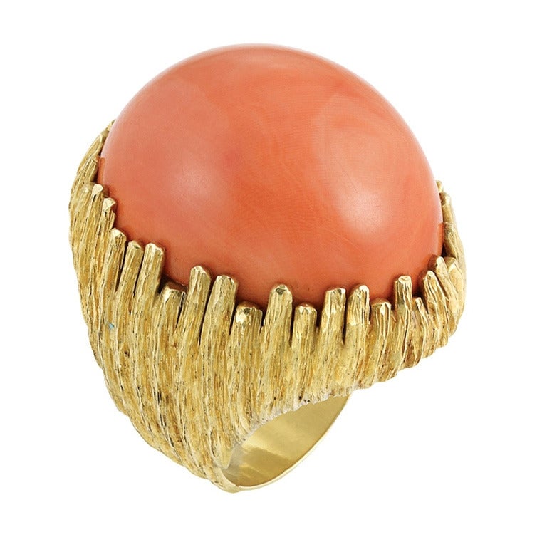 PABLO Cabochon Coral Gold Huge Dome Ring For Sale