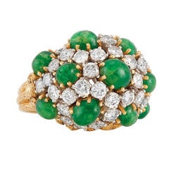 Vintage French Cabochon Emerald Diamond Gold Platinum Dome Ring