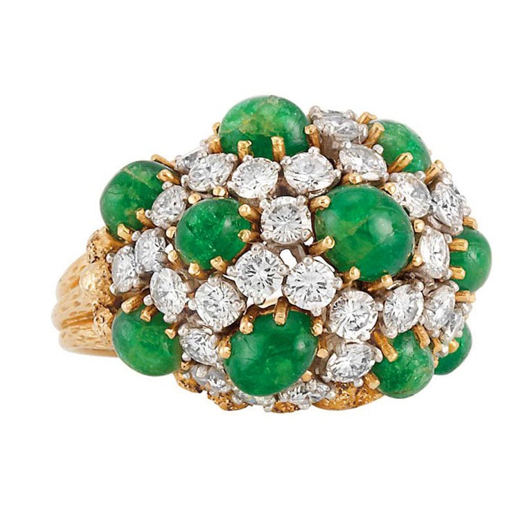 French Cabochon Emerald Diamond Gold Platinum Dome Ring For Sale