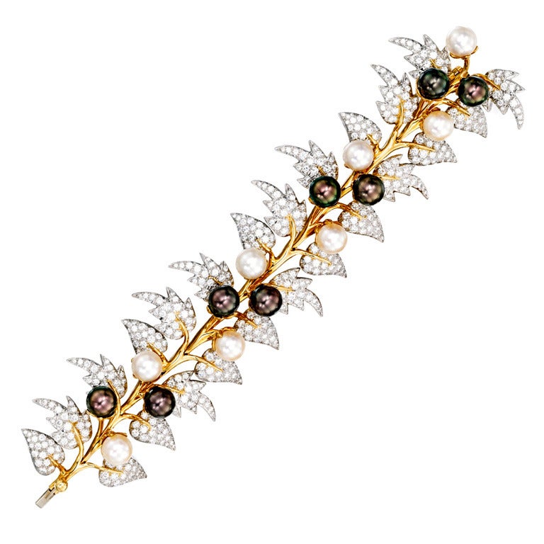 Tiffany & Co. Schlumberger Cultured Pearl Diamond Gold Platinum Bracelet For Sale