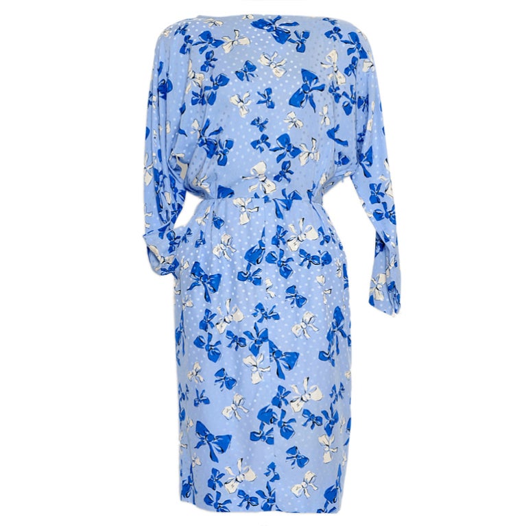 YVES SAINT LAURENT  Bleu Silk Bow Dress
