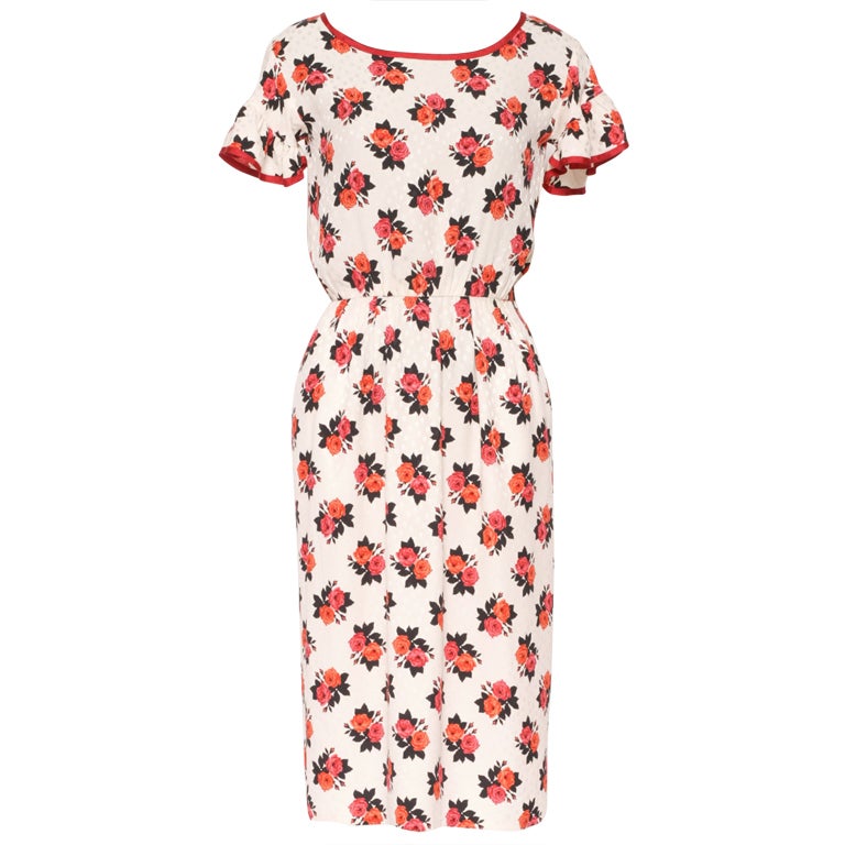 YVES ST LAURENT Vintage Silk Red Roses Print Dress