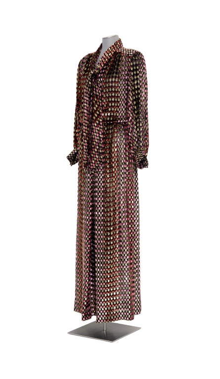 CELINE Vintage 1980's Ausbrenner Seide Samt Punkt Kleid Damen