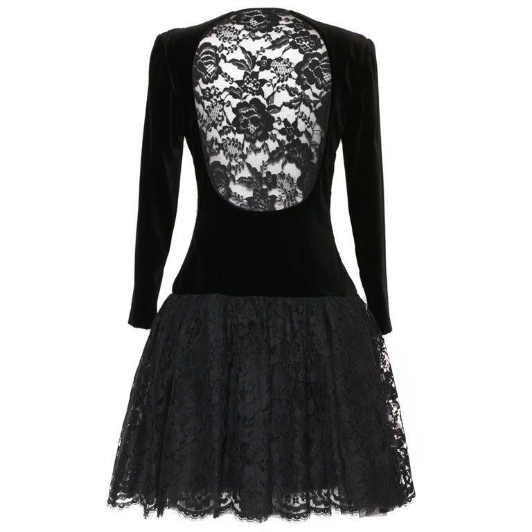 80's TED LAPIDUS Lace / Velvet Black Dress For Sale at 1stDibs
