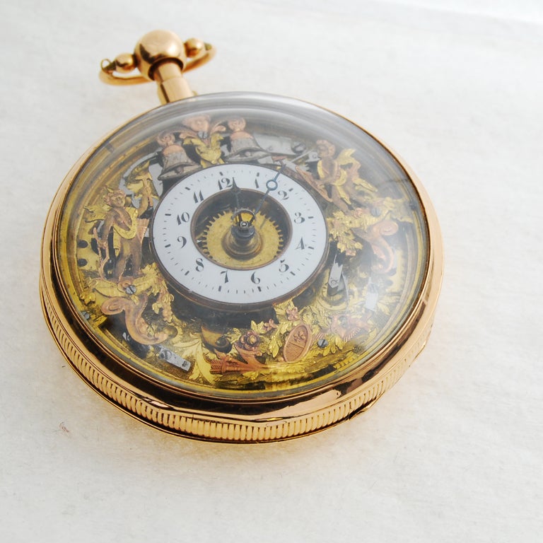 Gold quarter repeating automation Jacquemart pocket watch, signed on the dust cover 'Breguet & Fils'.