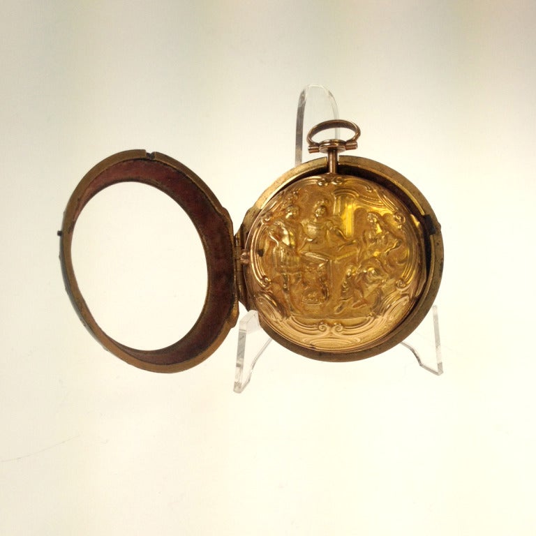 22ct yellow gold pair case repouseé verge watch with protective outer case, made by William Creak, London in 1760