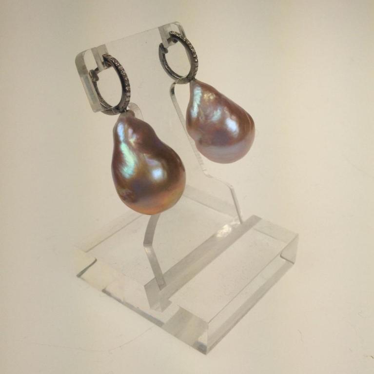 Large Iridescent Freshwater Pearls on Diamond Set Clips