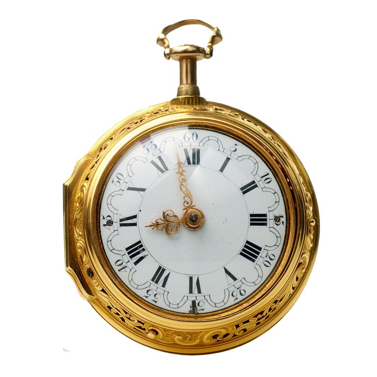 22k gold repoussé half-quarter repeating watch with verge movement by Joseph Martineau, London.