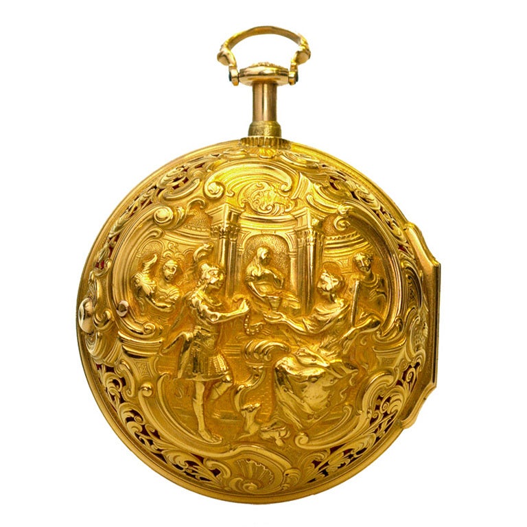 Gold Repoussé Half-Quarter Repeating Pocket Watch For Sale