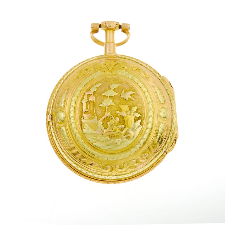 Multi-color gold Lepaute, Paris pocket watch with concealed enamel erotic scene