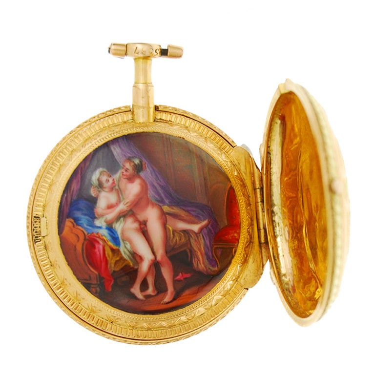Lepaute Multi-Color Gold Pocket Watch with Concealed Enamel Erotic Scene For Sale