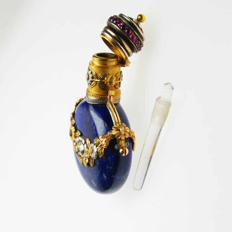 French 3 colour gold, lapis lazuli and ruby scent bottle