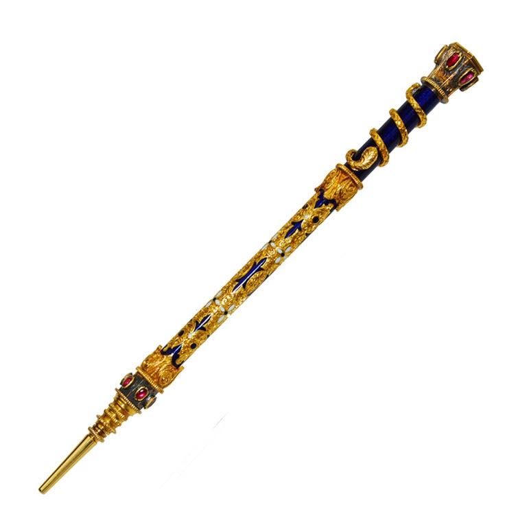A Fine Gold and Enamel Pencil with A Gold Snake and Ruby Set For Sale