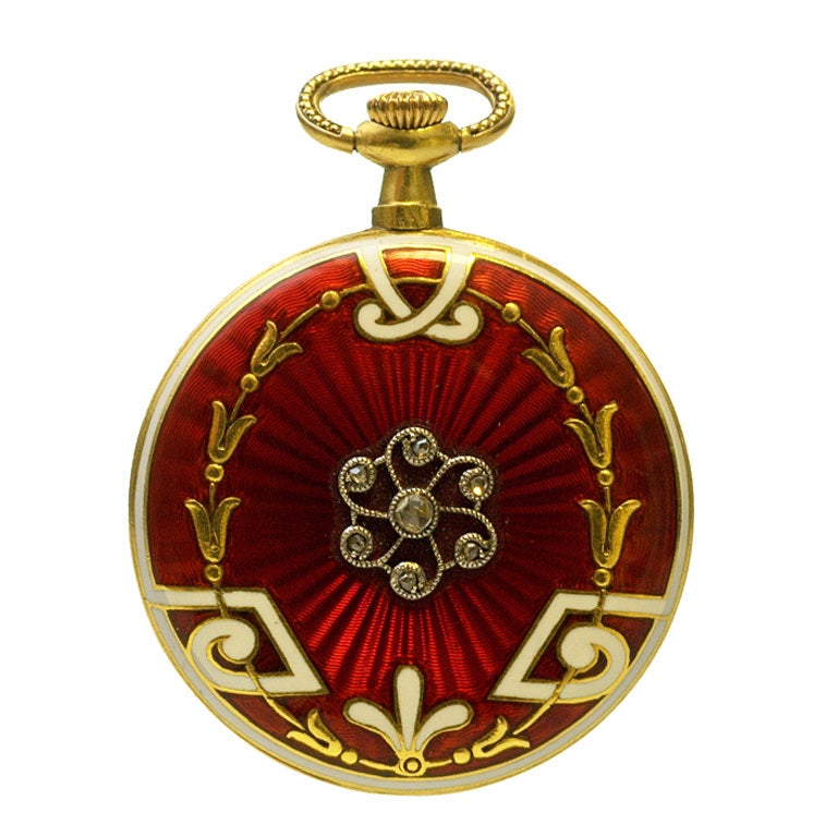 Yellow Gold, Enamel and Diamond Pendant Watch For Sale