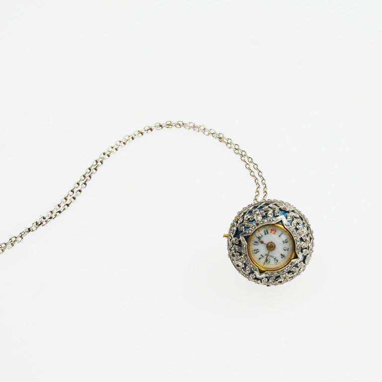 Victorian Platinum, Diamond and Blue Enamel Ball Watch For Sale